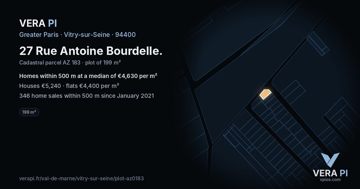 27 Rue Antoine Bourdelle, Vitry-sur-Seine at night – the plot lit, the parcels around coloured by the prices near them