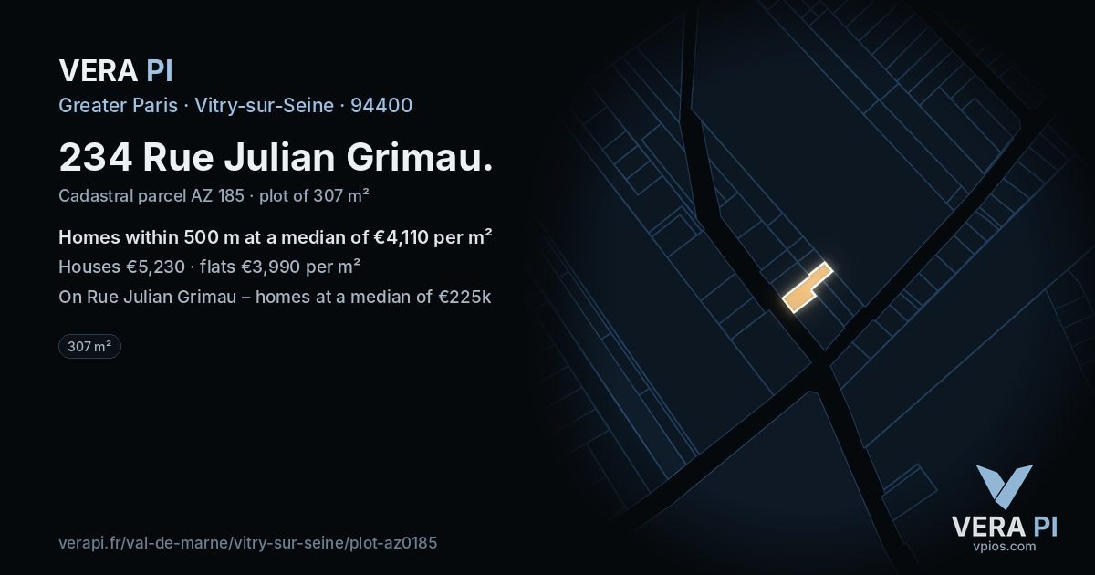 234 Rue Julian Grimau, Vitry-sur-Seine at night – the plot lit, the parcels around coloured by the prices near them