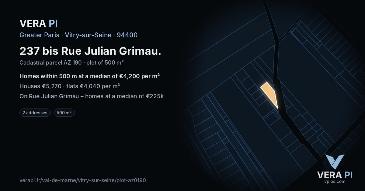 237 bis Rue Julian Grimau, Vitry-sur-Seine at night – the plot lit, the parcels around coloured by the prices near them