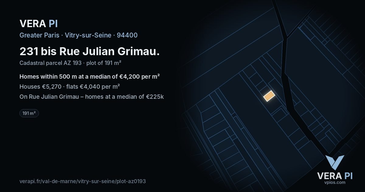 231 bis Rue Julian Grimau, Vitry-sur-Seine at night – the plot lit, the parcels around coloured by the prices near them