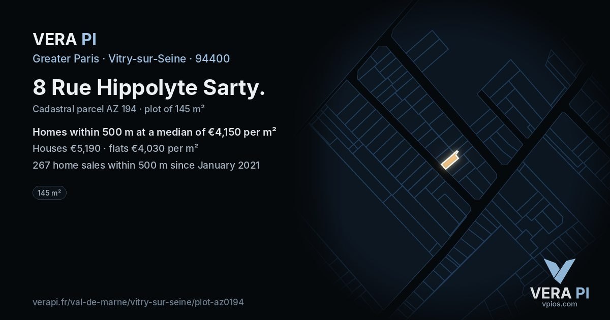 8 Rue Hippolyte Sarty, Vitry-sur-Seine at night – the plot lit, the parcels around coloured by the prices near them