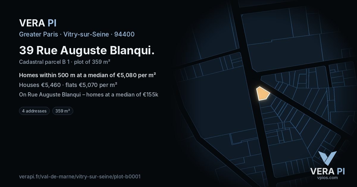 39 Rue Auguste Blanqui, Vitry-sur-Seine at night – the plot lit, the parcels around coloured by the prices near them