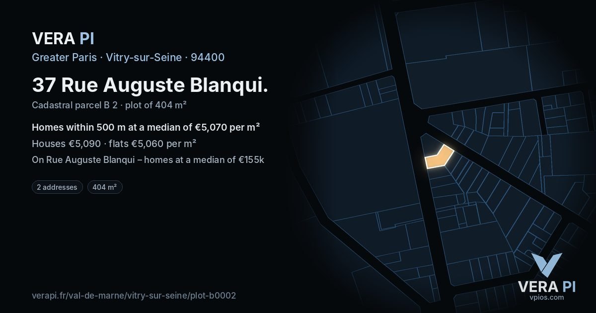 37 Rue Auguste Blanqui, Vitry-sur-Seine at night – the plot lit, the parcels around coloured by the prices near them