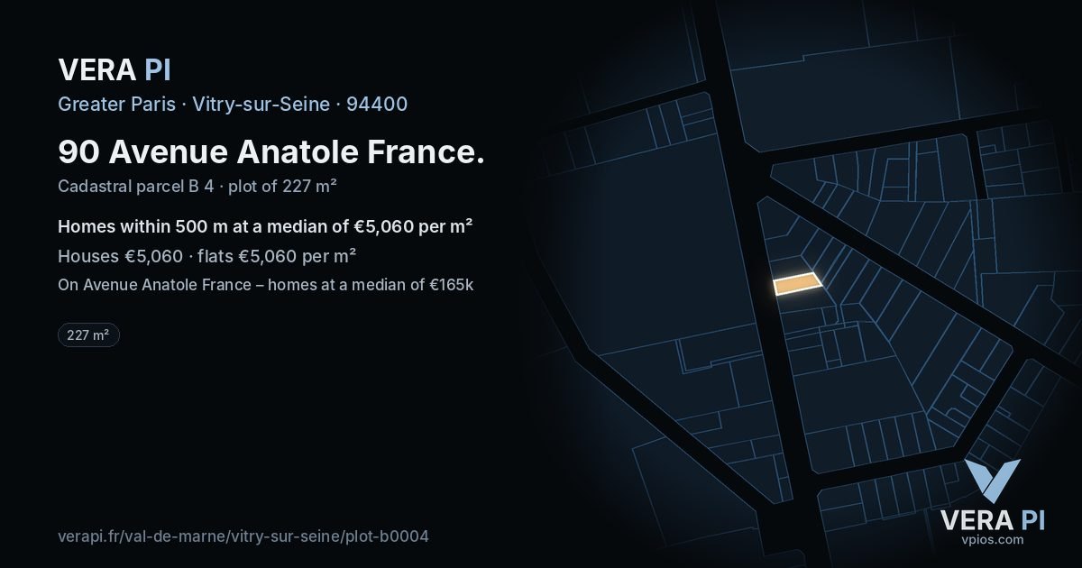 90 Avenue Anatole France, Vitry-sur-Seine at night – the plot lit, the parcels around coloured by the prices near them