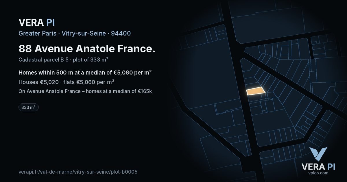 88 Avenue Anatole France, Vitry-sur-Seine at night – the plot lit, the parcels around coloured by the prices near them