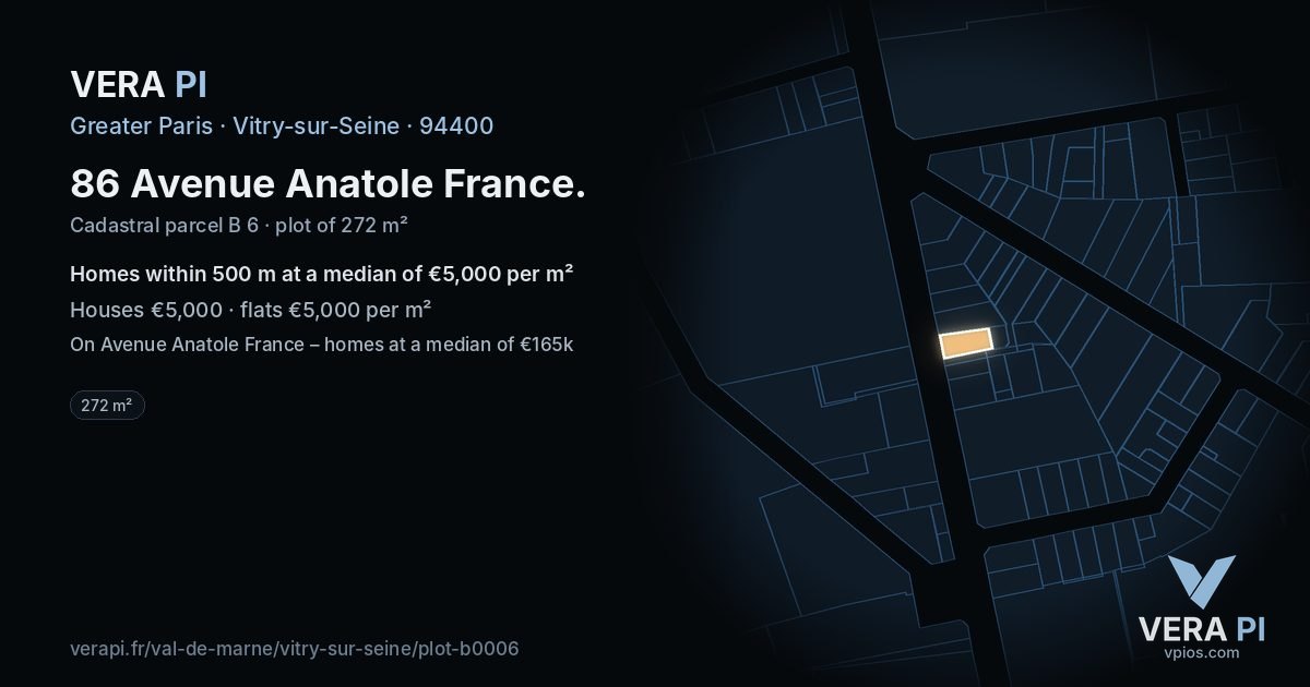 86 Avenue Anatole France, Vitry-sur-Seine at night – the plot lit, the parcels around coloured by the prices near them