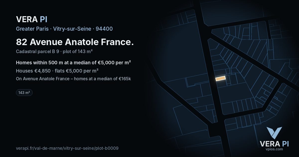 82 Avenue Anatole France, Vitry-sur-Seine at night – the plot lit, the parcels around coloured by the prices near them
