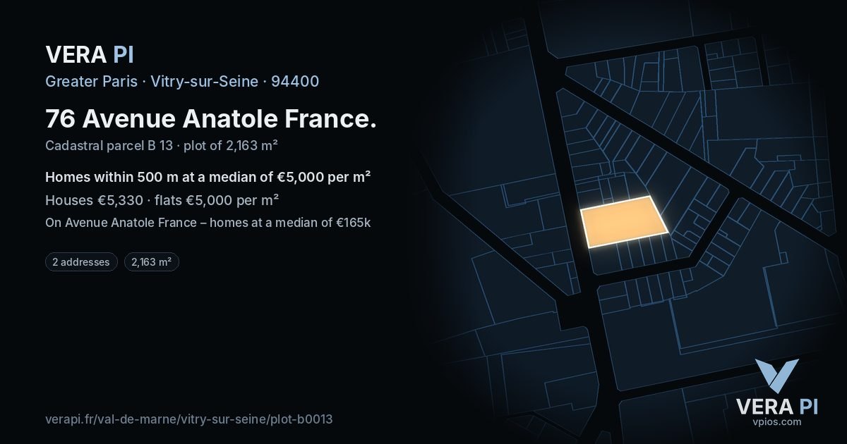 76 Avenue Anatole France, Vitry-sur-Seine at night – the plot lit, the parcels around coloured by the prices near them