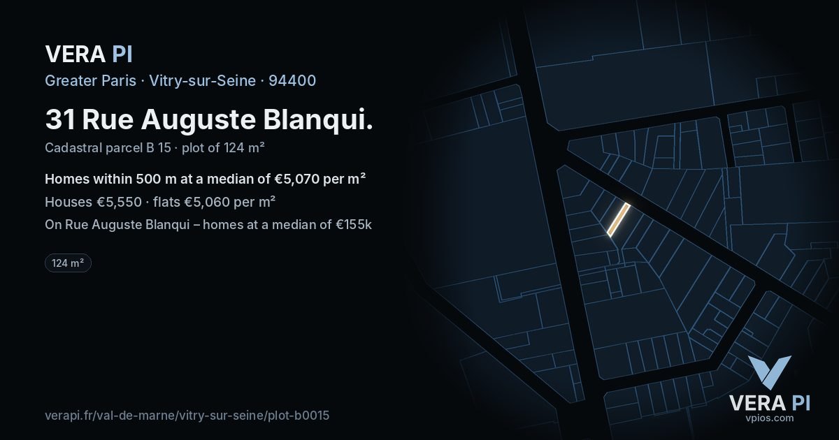 31 Rue Auguste Blanqui, Vitry-sur-Seine at night – the plot lit, the parcels around coloured by the prices near them