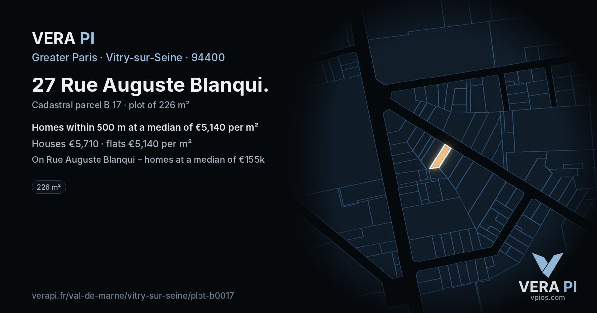 27 Rue Auguste Blanqui, Vitry-sur-Seine at night – the plot lit, the parcels around coloured by the prices near them