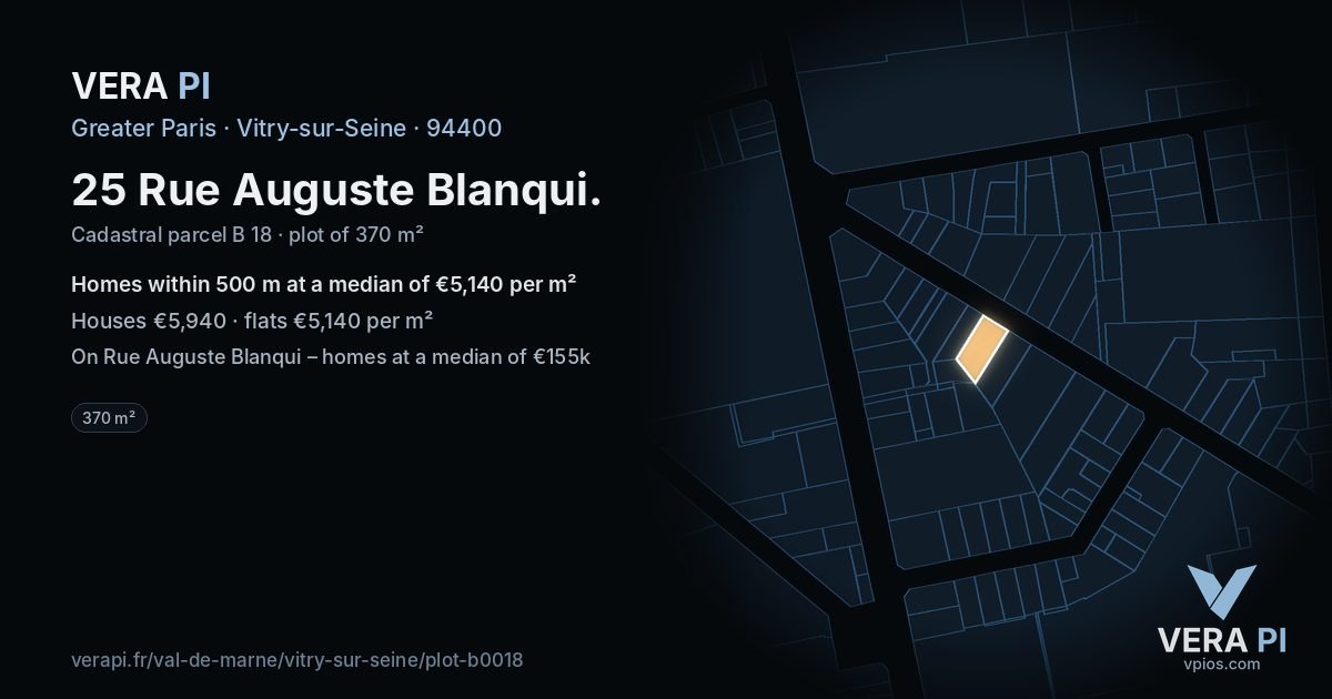 25 Rue Auguste Blanqui, Vitry-sur-Seine at night – the plot lit, the parcels around coloured by the prices near them