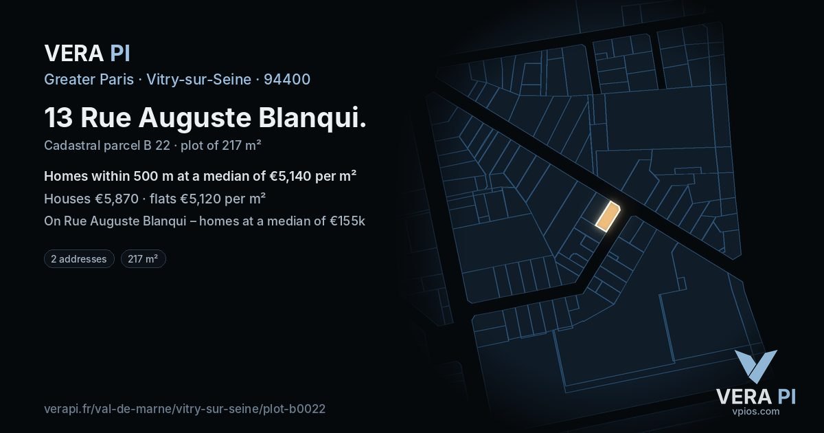 13 Rue Auguste Blanqui, Vitry-sur-Seine at night – the plot lit, the parcels around coloured by the prices near them