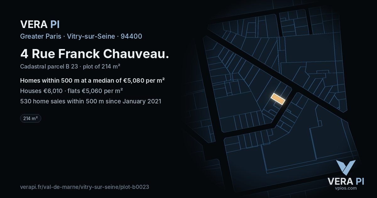 4 Rue Franck Chauveau, Vitry-sur-Seine at night – the plot lit, the parcels around coloured by the prices near them