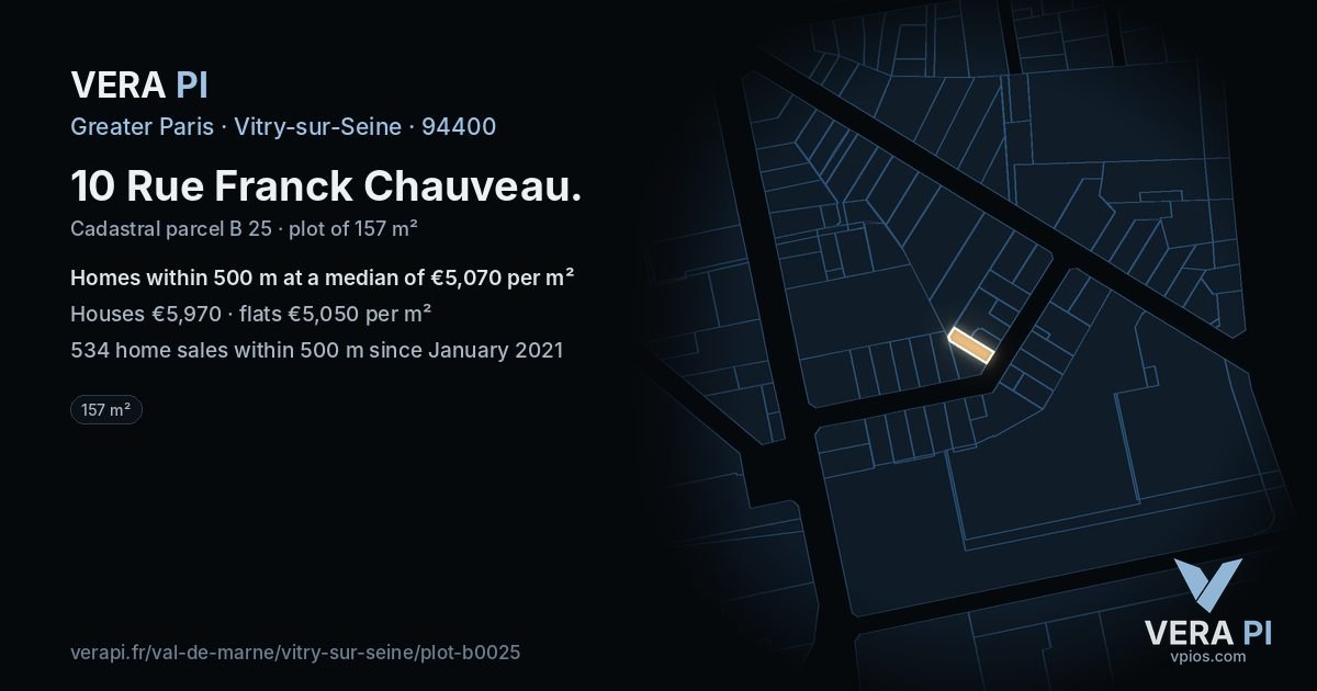 10 Rue Franck Chauveau, Vitry-sur-Seine at night – the plot lit, the parcels around coloured by the prices near them