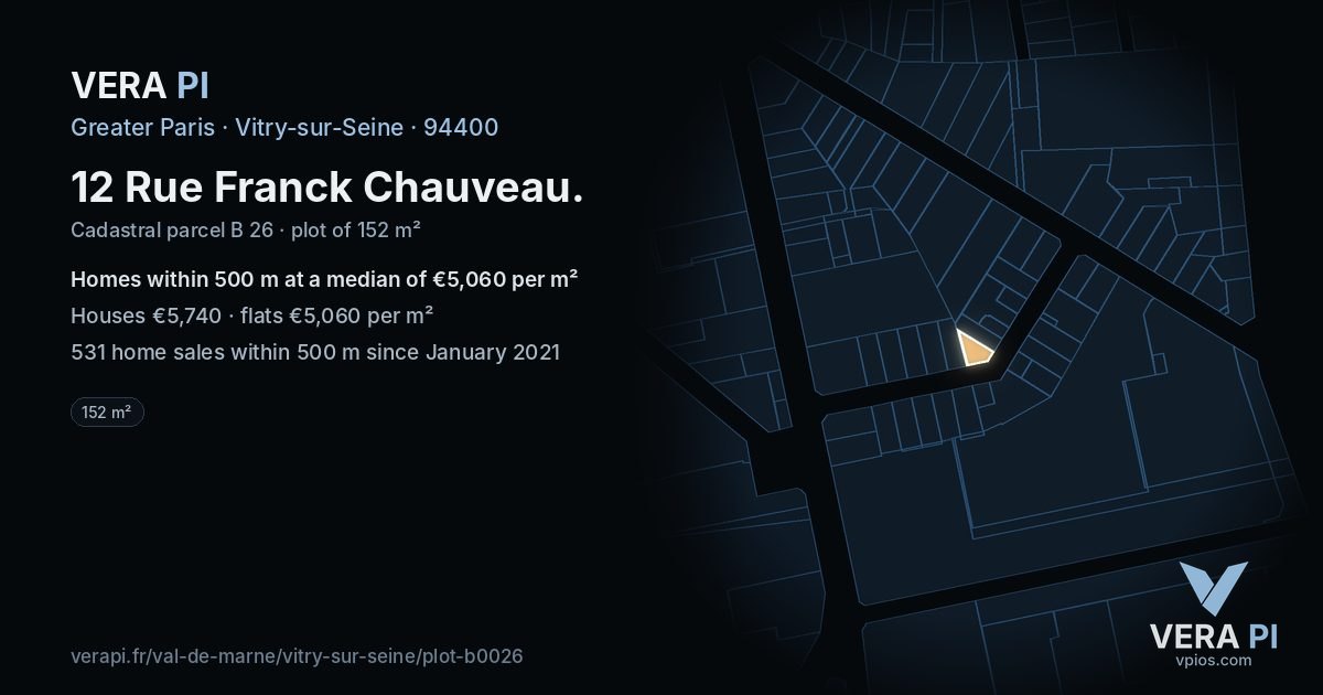 12 Rue Franck Chauveau, Vitry-sur-Seine at night – the plot lit, the parcels around coloured by the prices near them
