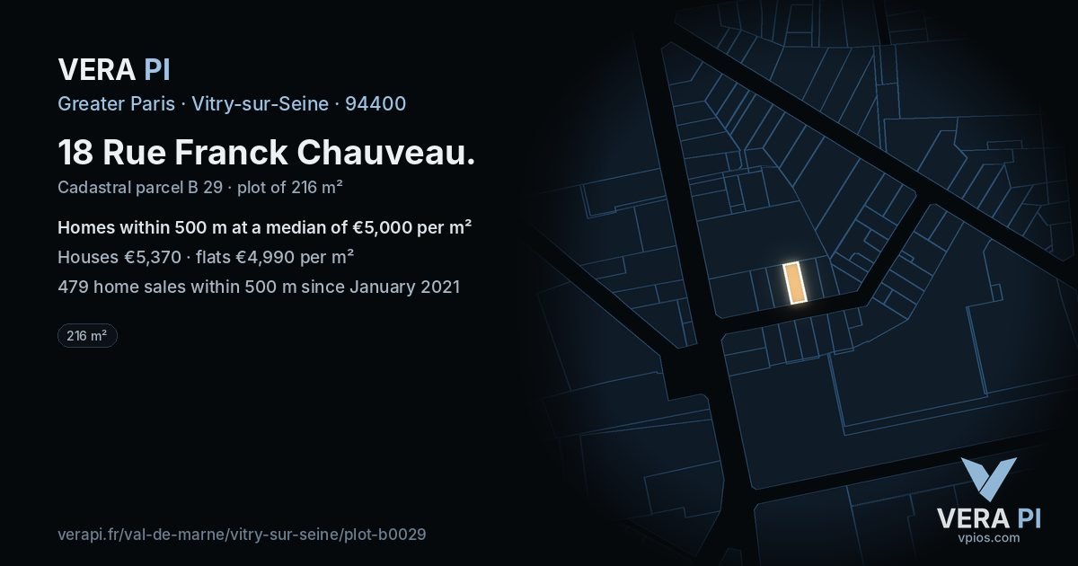 18 Rue Franck Chauveau, Vitry-sur-Seine at night – the plot lit, the parcels around coloured by the prices near them