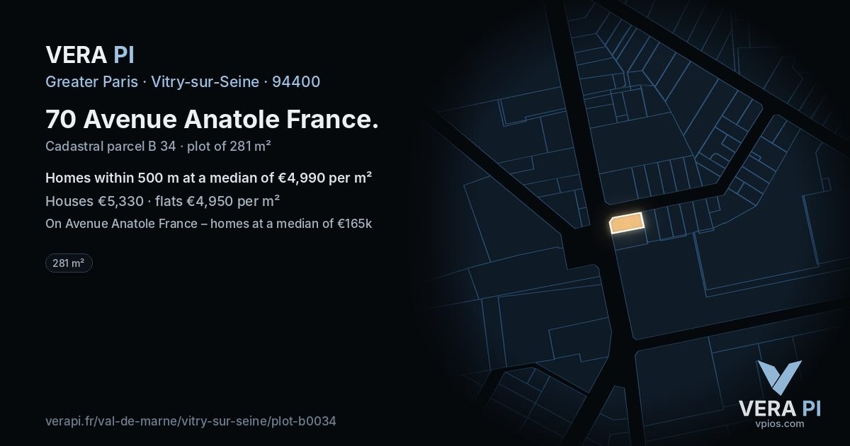 70 Avenue Anatole France, Vitry-sur-Seine at night – the plot lit, the parcels around coloured by the prices near them
