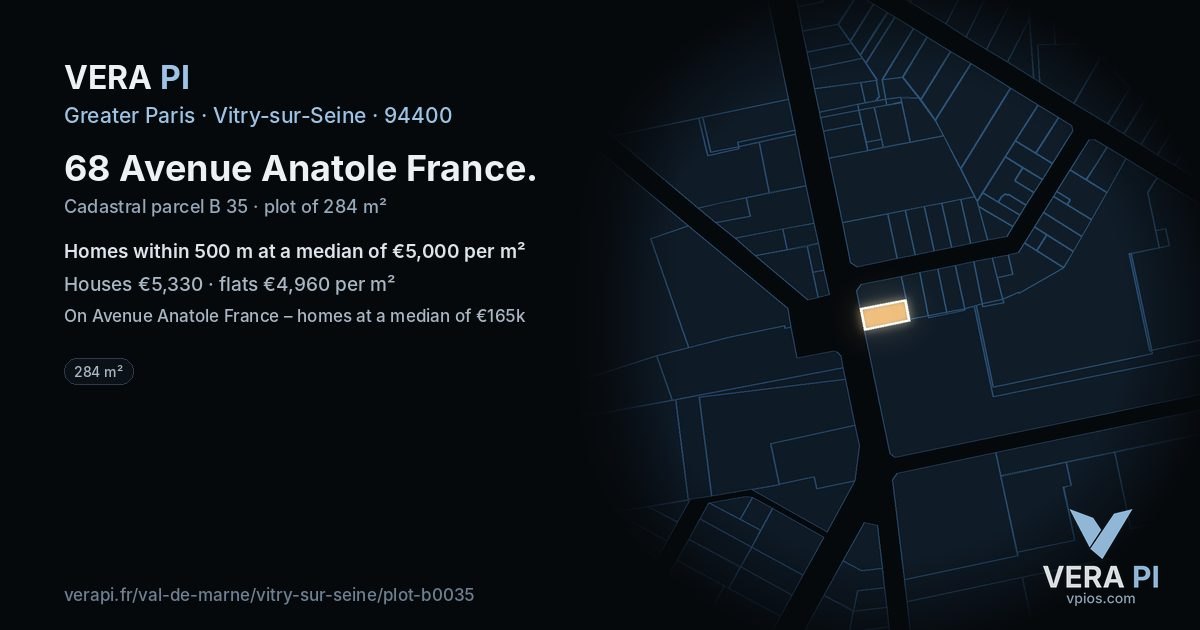68 Avenue Anatole France, Vitry-sur-Seine at night – the plot lit, the parcels around coloured by the prices near them