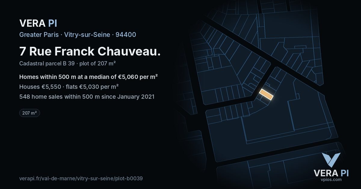 7 Rue Franck Chauveau, Vitry-sur-Seine at night – the plot lit, the parcels around coloured by the prices near them