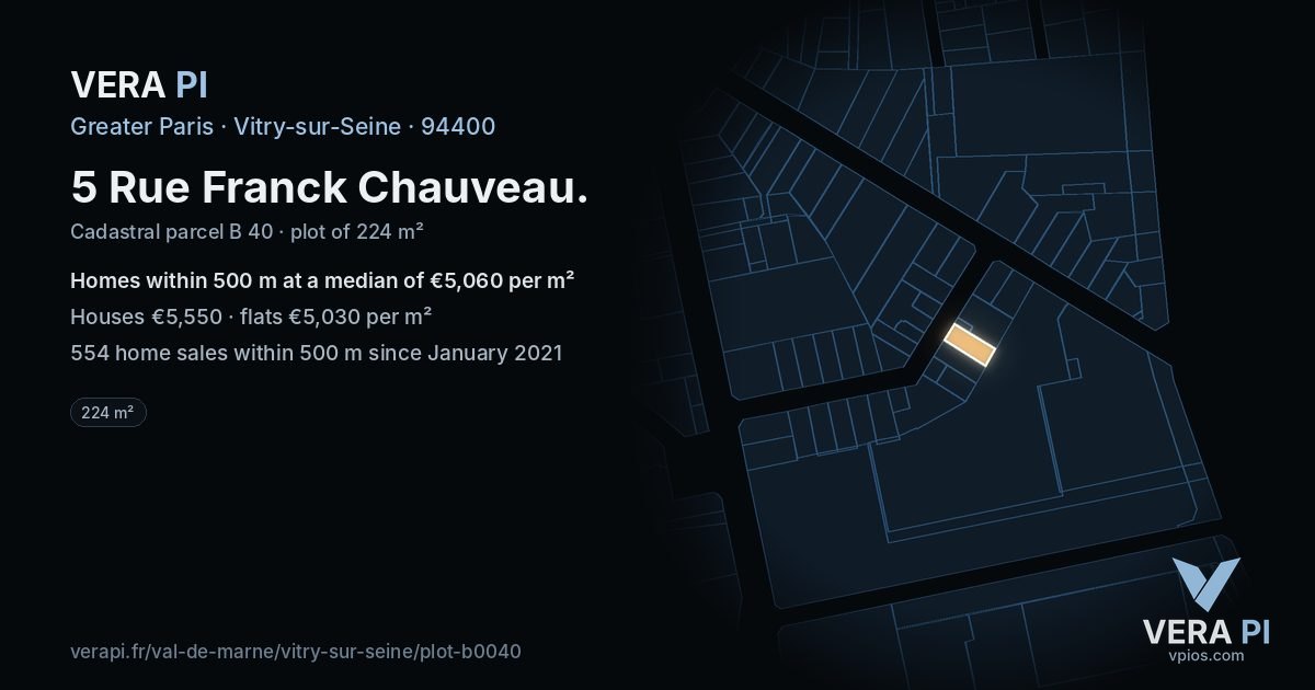 5 Rue Franck Chauveau, Vitry-sur-Seine at night – the plot lit, the parcels around coloured by the prices near them