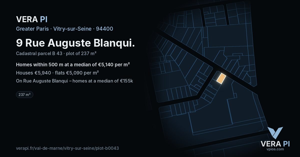 9 Rue Auguste Blanqui, Vitry-sur-Seine at night – the plot lit, the parcels around coloured by the prices near them