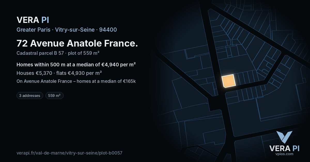 72 Avenue Anatole France, Vitry-sur-Seine at night – the plot lit, the parcels around coloured by the prices near them