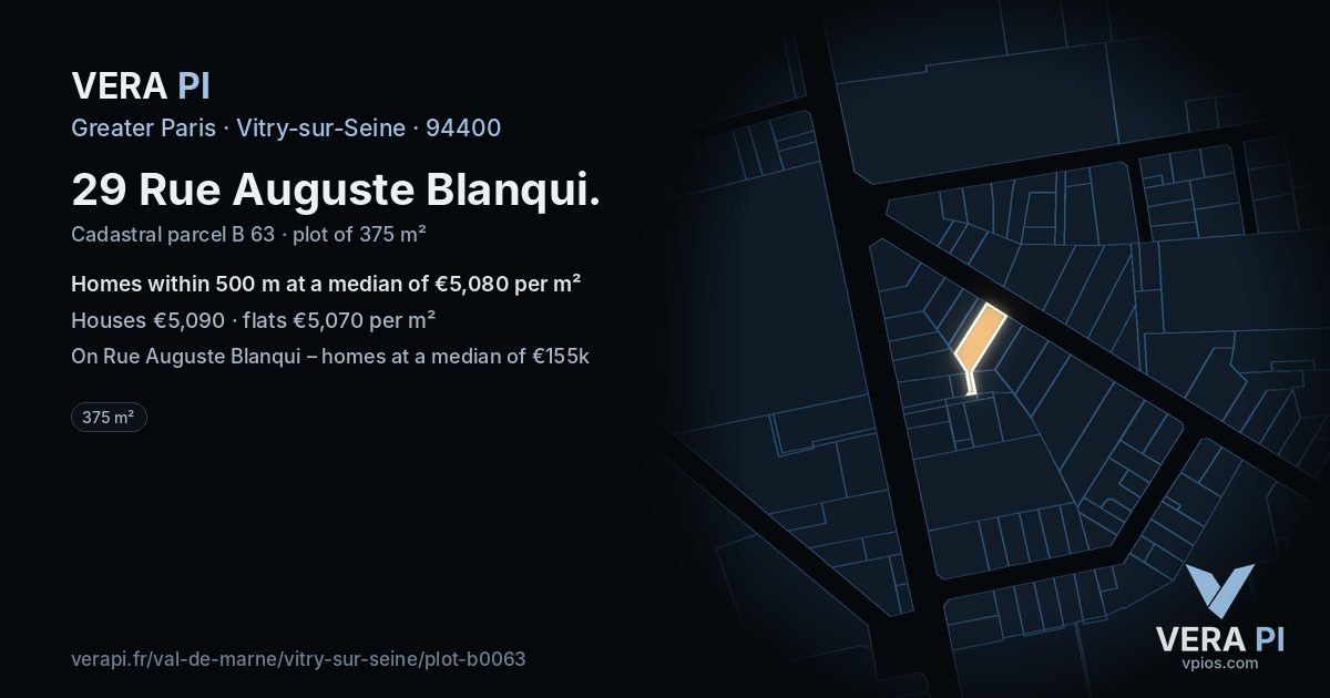 29 Rue Auguste Blanqui, Vitry-sur-Seine at night – the plot lit, the parcels around coloured by the prices near them