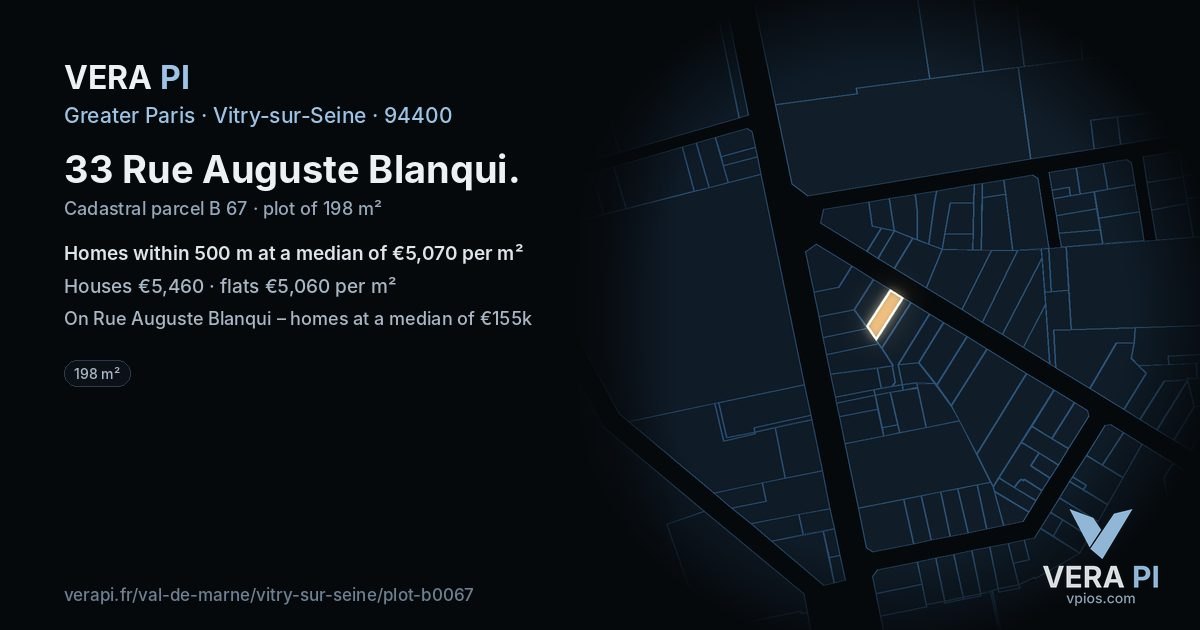 33 Rue Auguste Blanqui, Vitry-sur-Seine at night – the plot lit, the parcels around coloured by the prices near them