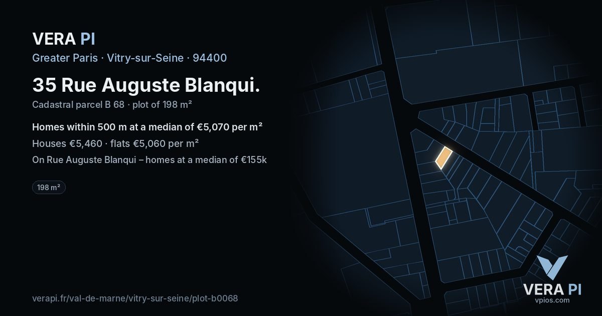 35 Rue Auguste Blanqui, Vitry-sur-Seine at night – the plot lit, the parcels around coloured by the prices near them