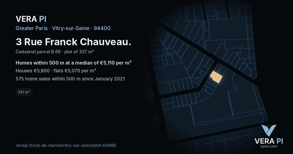 3 Rue Franck Chauveau, Vitry-sur-Seine at night – the plot lit, the parcels around coloured by the prices near them