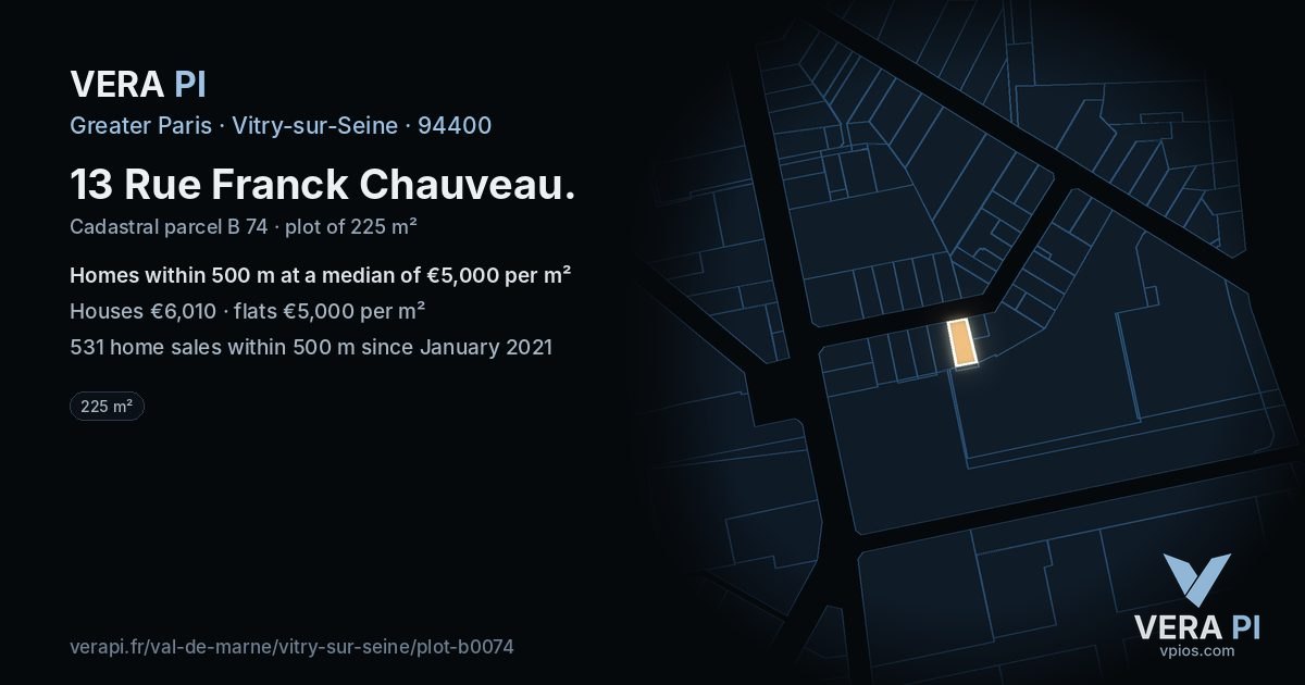 13 Rue Franck Chauveau, Vitry-sur-Seine at night – the plot lit, the parcels around coloured by the prices near them
