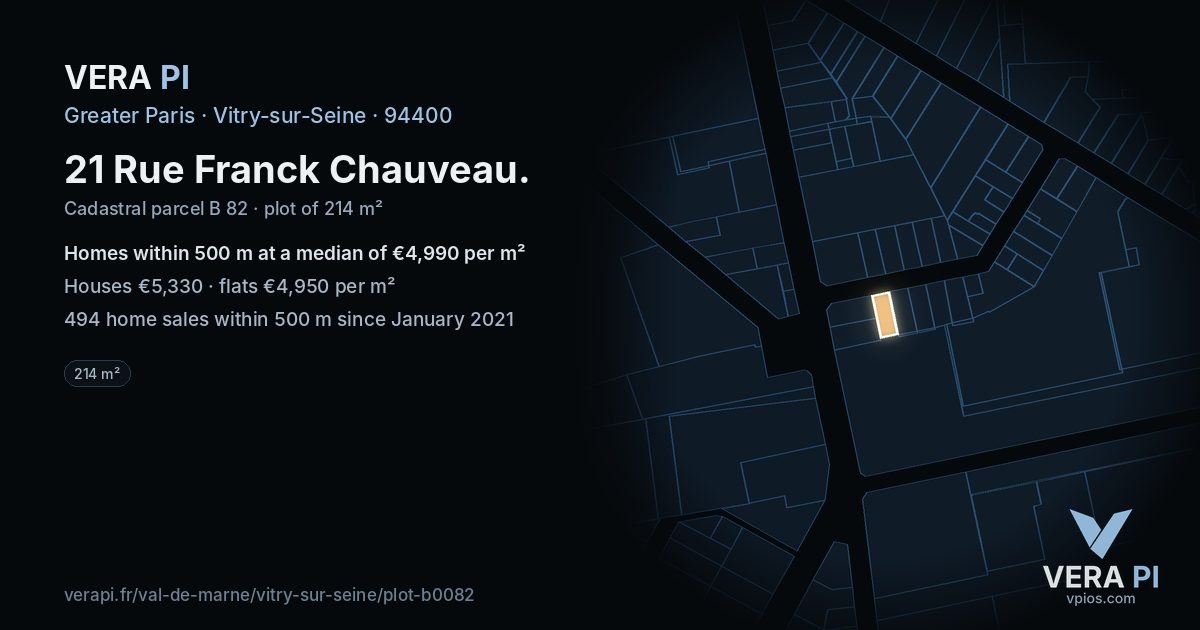 21 Rue Franck Chauveau, Vitry-sur-Seine at night – the plot lit, the parcels around coloured by the prices near them