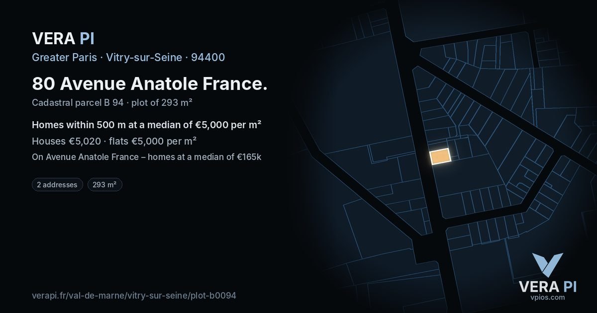80 Avenue Anatole France, Vitry-sur-Seine at night – the plot lit, the parcels around coloured by the prices near them