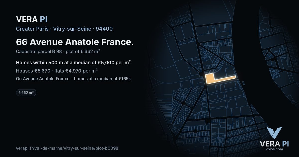 66 Avenue Anatole France, Vitry-sur-Seine at night – the plot lit, the parcels around coloured by the prices near them