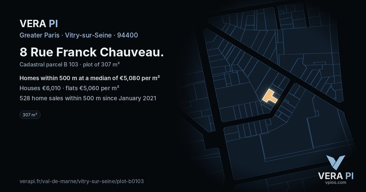 8 Rue Franck Chauveau, Vitry-sur-Seine at night – the plot lit, the parcels around coloured by the prices near them