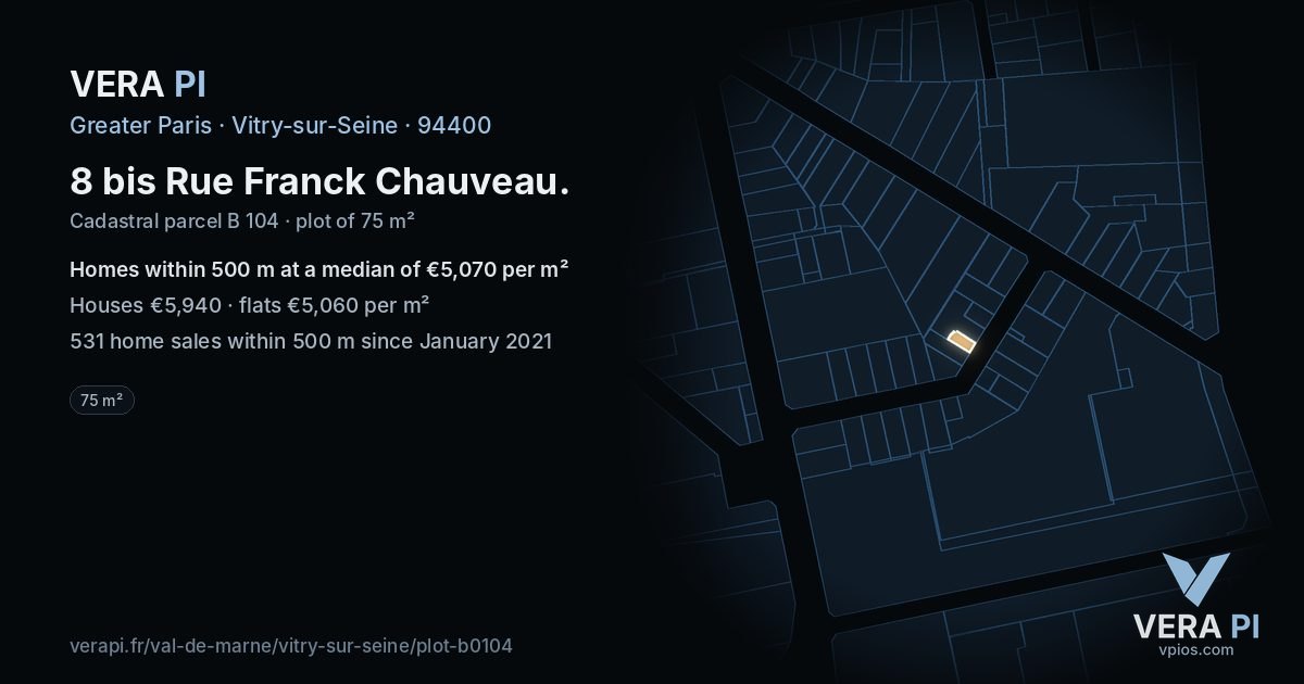 8 bis Rue Franck Chauveau, Vitry-sur-Seine at night – the plot lit, the parcels around coloured by the prices near them