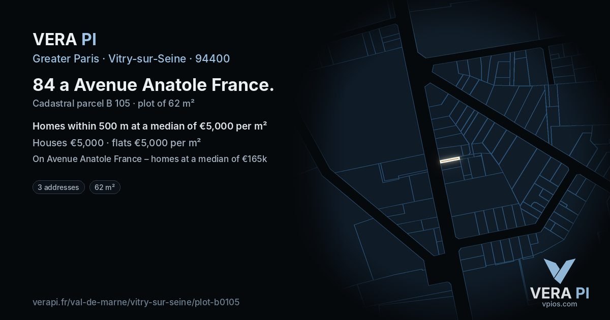 84 a Avenue Anatole France, Vitry-sur-Seine at night – the plot lit, the parcels around coloured by the prices near them