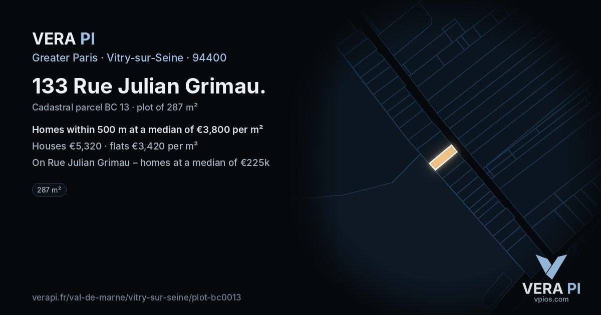 133 Rue Julian Grimau, Vitry-sur-Seine at night – the plot lit, the parcels around coloured by the prices near them