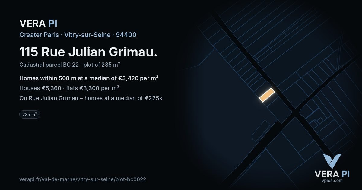 115 Rue Julian Grimau, Vitry-sur-Seine at night – the plot lit, the parcels around coloured by the prices near them