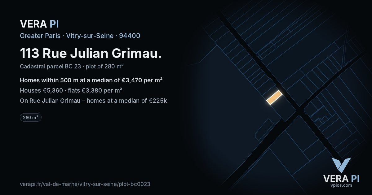 113 Rue Julian Grimau, Vitry-sur-Seine at night – the plot lit, the parcels around coloured by the prices near them