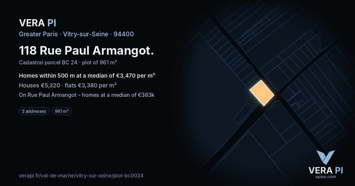 118 Rue Paul Armangot, Vitry-sur-Seine at night – the plot lit, the parcels around coloured by the prices near them