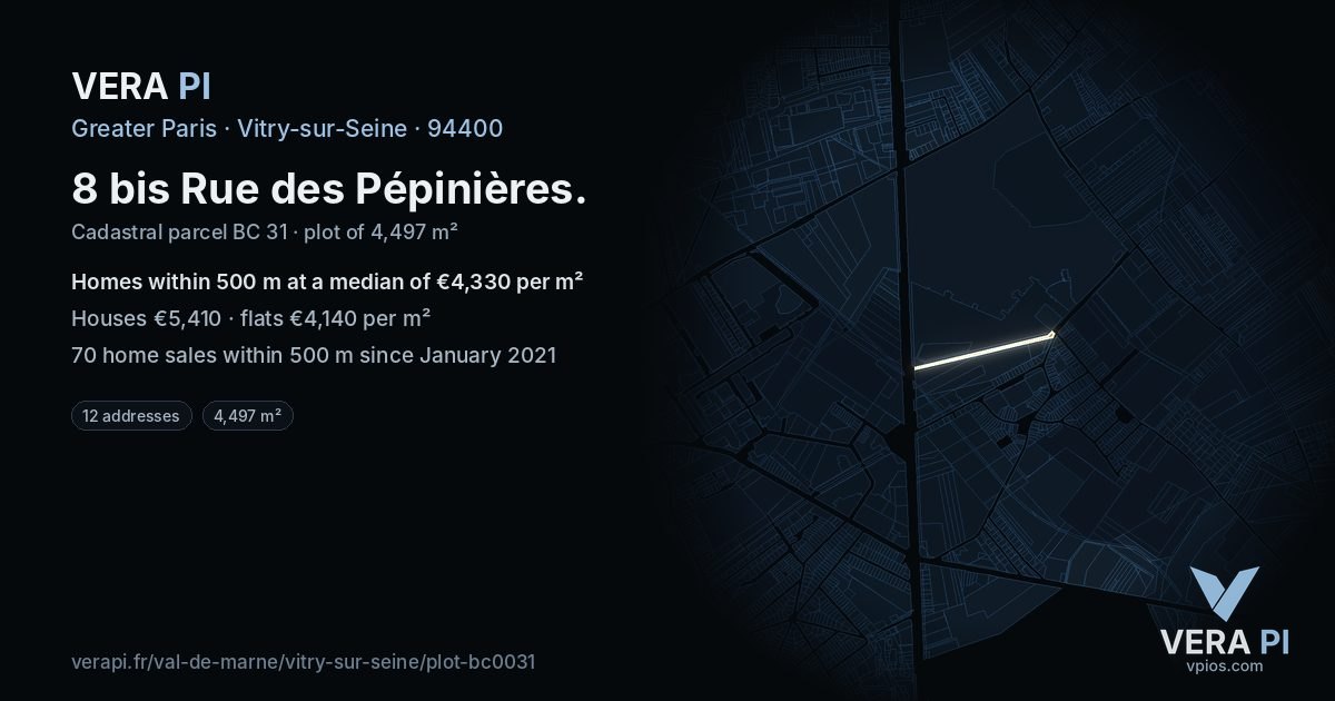 8 bis Rue des Pépinières, Vitry-sur-Seine at night – the plot lit, the parcels around coloured by the prices near them
