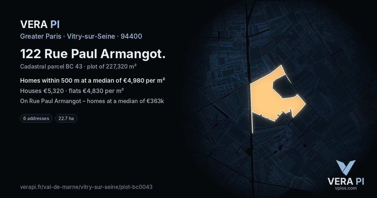 122 Rue Paul Armangot, Vitry-sur-Seine at night – the plot lit, the parcels around coloured by the prices near them