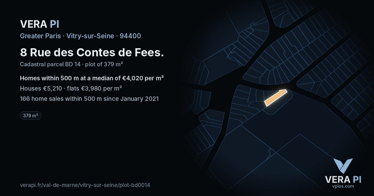8 Rue des Contes de Fees, Vitry-sur-Seine at night – the plot lit, the parcels around coloured by the prices near them