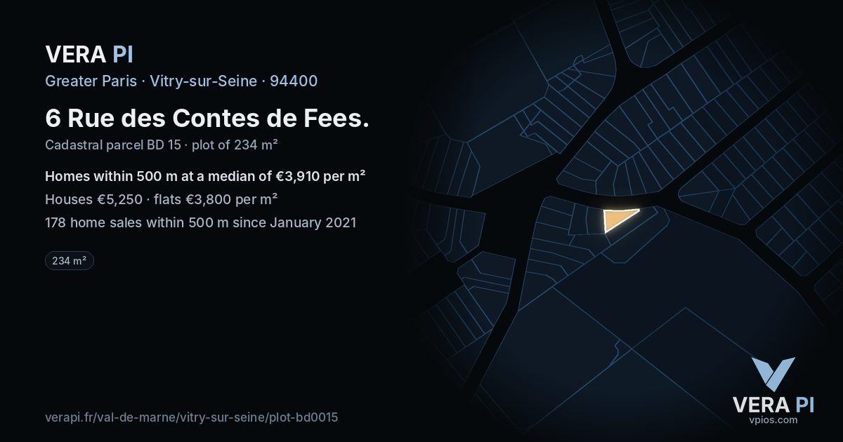 6 Rue des Contes de Fees, Vitry-sur-Seine at night – the plot lit, the parcels around coloured by the prices near them