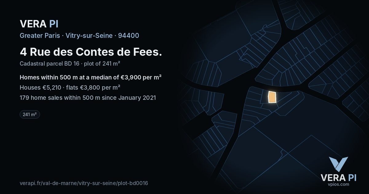 4 Rue des Contes de Fees, Vitry-sur-Seine at night – the plot lit, the parcels around coloured by the prices near them