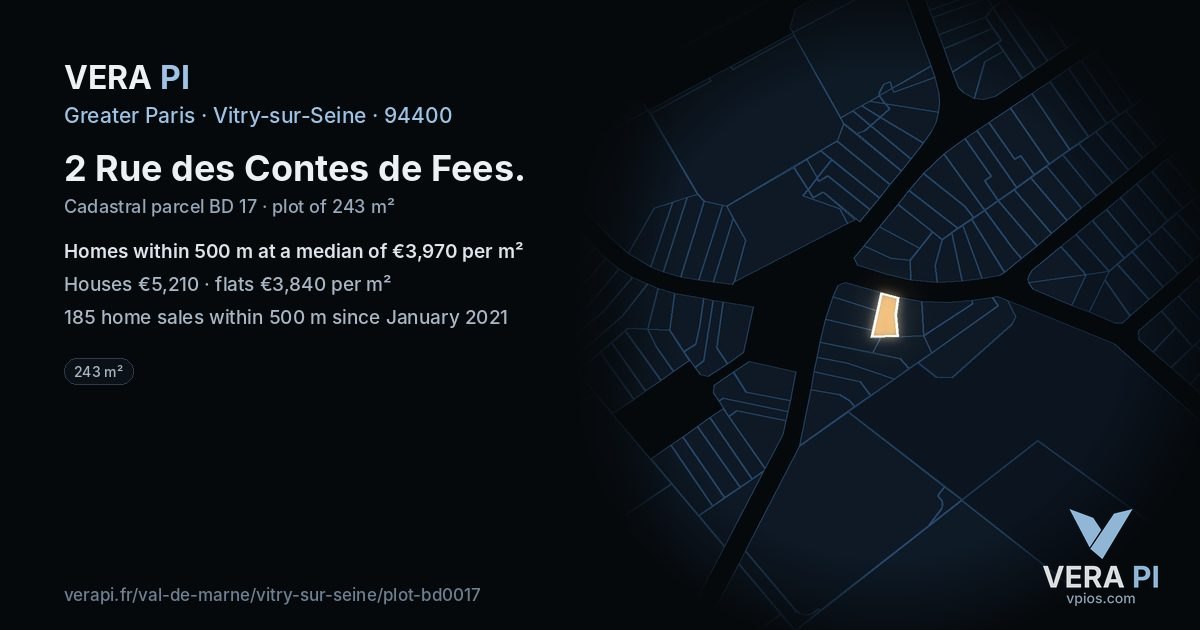 2 Rue des Contes de Fees, Vitry-sur-Seine at night – the plot lit, the parcels around coloured by the prices near them