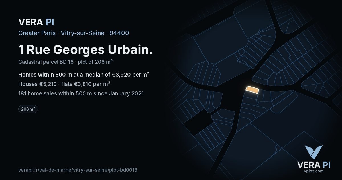 1 Rue Georges Urbain, Vitry-sur-Seine at night – the plot lit, the parcels around coloured by the prices near them