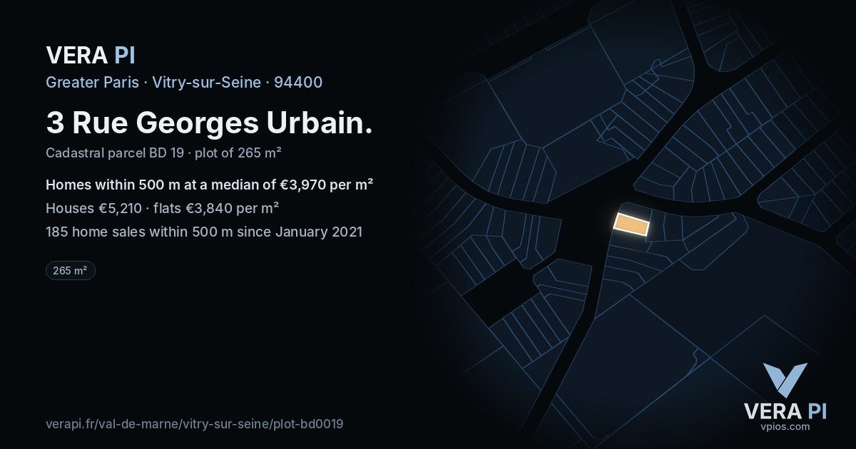 3 Rue Georges Urbain, Vitry-sur-Seine at night – the plot lit, the parcels around coloured by the prices near them