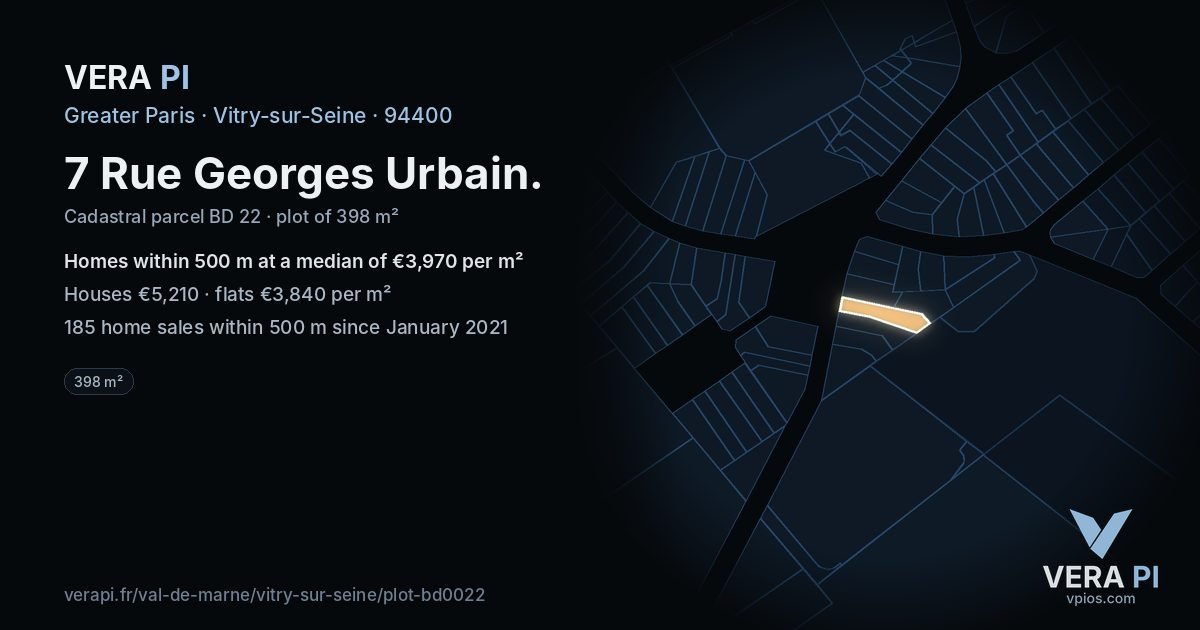 7 Rue Georges Urbain, Vitry-sur-Seine at night – the plot lit, the parcels around coloured by the prices near them